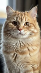Fototapeta premium Close up portrait of a fluffy orange cat with curious expression in warm soft light.