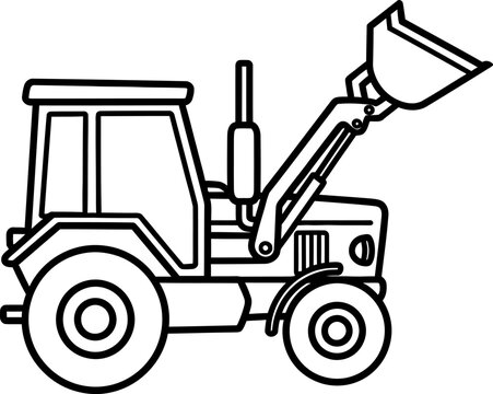 A black and white line drawing of a front loader tractor with a large bucket