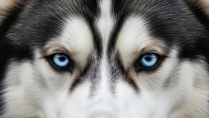Close up portrait of a Siberian Husky with piercing blue eyes and thick fur.