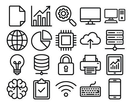 Data and technology icons: document, graph, settings, monitor, computer, globe, pie chart, CPU, cloud upload, server, lightbulb, database, lock, printer, tablet, brain, checklist, Wi-Fi, keyboard, sma