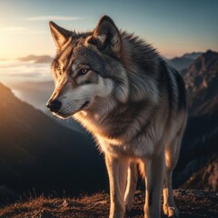 Obraz premium Majestic wild wolf standing on ridge at sunset in rugged mountains.