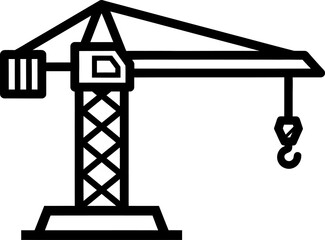 A black and white line drawing of a gantry crane with a hook