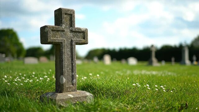 Stone cross in a cemetery with green grass and blue sky background