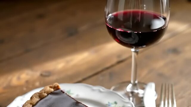 Slice of chocolate tart on plate next to a glass of red wine
