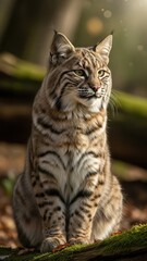 Obraz premium Graceful wildcat perched in sunlit forest, alert and majestic.