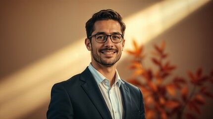 Confident professional in business attire, upper body portrait with welcoming expression under soft office lighting against neutral corporate background
