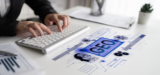 Fototapeta premium Digital marketing concept featuring GEO strategy. Generative AI search visual shows GEO interface integrating intelligence, logic, and AI input system for prompt tasks. Corpus