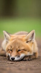 Fototapeta premium Young red fox peacefully sleeping on dirt path in sunny woodland.