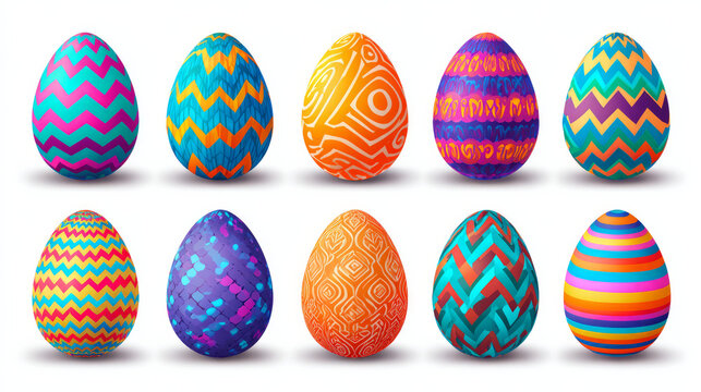 Colorful Easter Eggs Clipart Set with Zigzag, Checkered, Spiral and Curve Patterns Vector