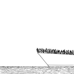 Crowd of people on the deck of a ship at sea black and white illustration dramatic atmosphere water waves below minimalist style