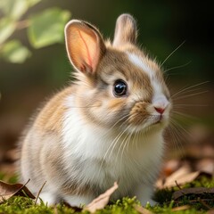Obraz premium Soft brown bunny in sunny meadow, closeup portrait of an adorable rabbit in a natural forest setting.