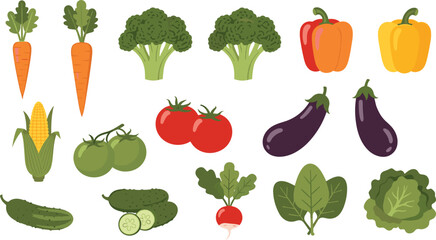 Modern flat vector illustration set of fresh organic vegetables featuring carrots broccoli bell peppers tomatoes corn and leafy greens.