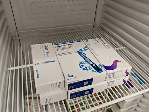 Prague,Czech Republic-May 6 2025: SAXENDA containing liraglutide and RYZODEG insulin combination stored in hospital pharmacy refrigerator under cold chain conditions.