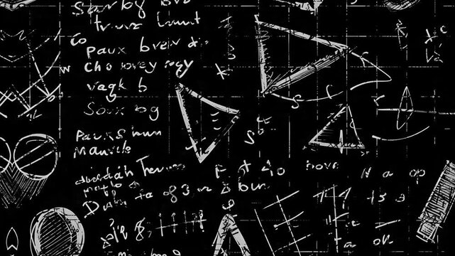 complex mathematic formula written on blackboard. Math geometry and calculation animation for engineering, physics and science education