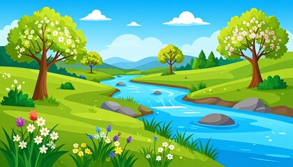 Naklejka premium Serene countryside landscape with river, blooming meadow, and trees under sunny sky