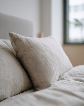Soft linen bed with slightly indented pillow in neutral tones, featuring a cozy bedroom setting with natural light streaming through a window