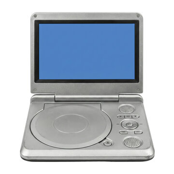 Portable silver DVD player with blue screen