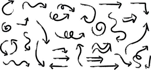 Charcoal hand drawn pencil arrows. Doodle curved chalk darts. Texture design elements of scribble lines. Vector illustration of hand painted crayon check lines.