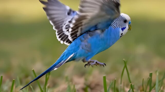 Blue Budgerigar Bird in Flight and on the Ground.