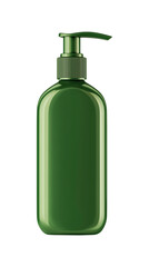 Fototapeta premium Dark green matte cosmetic bottle with pump dispenser isolated on white background. Minimalistic skincare or haircare packaging mockup with ribbed cap texture. Clean studio lighting, premium branding c