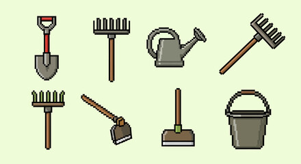 Collection of Gardening Tools Including Shovel Spade Rake Watering Can Bucket and Broom in Cartoon Style for Hobbies and Leisure.