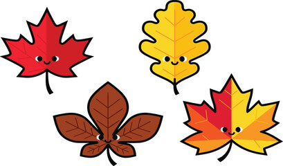 Obraz premium Cute autumn leaves cartoon character set, happy smiling fall foliage icons with maple, oak and chestnut leaf vector illustration isolated on white background.