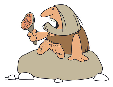 Funny hungry caveman holding meat.