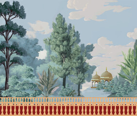 Mughal forest garden with Dome, Birds, plant and botanical tree landscape illustration pattern, Mughal Wall Mural. © NoniGopal