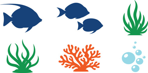 Marine life and underwater world silhouettes set, colorful ocean elements with tropical fish, coral reef, seaweeds and bubbles vector illustration isolated on white background. © Selina