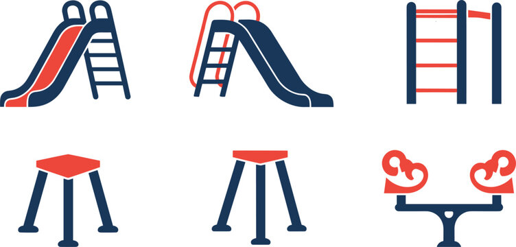 Kids playground equipment set, outdoor park fun elements with slides, climbing ladder and swing icons vector illustration isolated on white background.