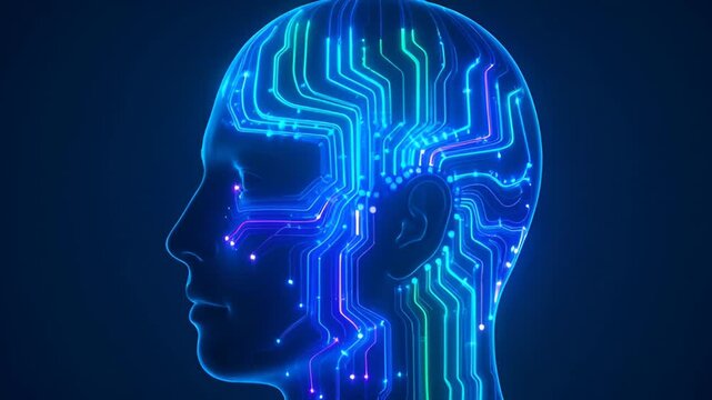 Abstract conceptual image depicting artificial intelligence in the form of a human head