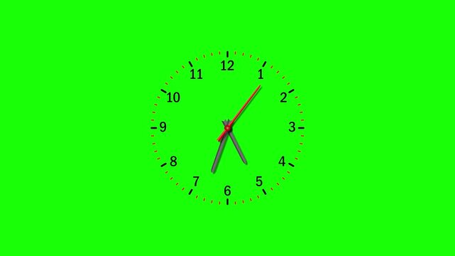 Animation of the analog clock from 5 to 6 o'clock. The clock is counting down 1 hour at a fast pace, but the last 15 seconds are moving at a normal speed.