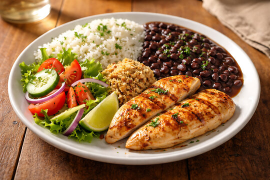 Brazilian prato feito with grilled chicken rice beans salad and farofa on white plate
