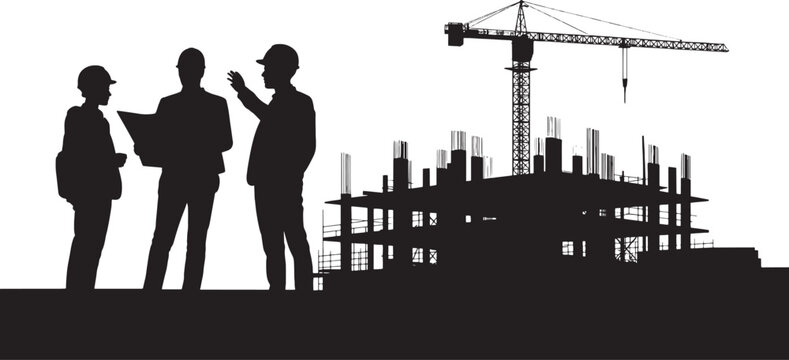 Silhouette of three construction workers discussing plans in front of building site with crane hard hats