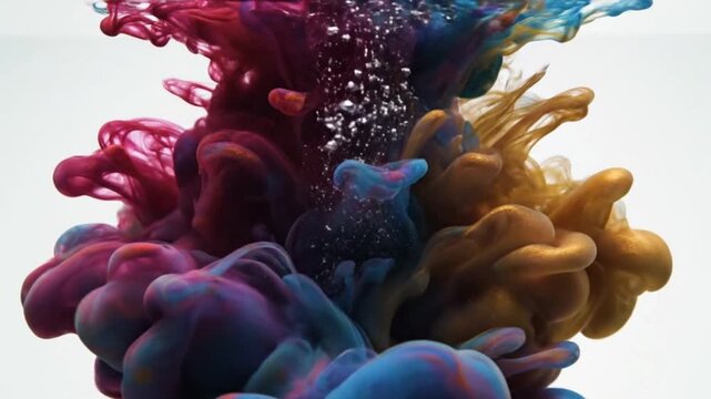 Abstract colorful ink dropping in water, fluid smoke explosion on white background, artistic paint mixing, dynamic liquid flow, creative design element, vibrant dye swirling, slow motion ink splash