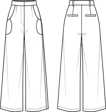 Women high waisted wide leg trousers technical CAD drawing with round pockets and back welt pockets flat vector illustration tech pack.