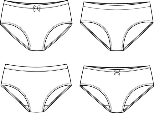 Women's cotton brief underwear fashion technical sketch set, front view cad drawing flat vector illustration for apparel design tech pack
