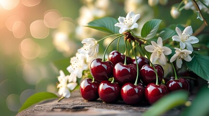 Cinematic Close-up of Fresh Cherries and Fragrant Jasmine Blossoms
