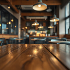 Fototapeta premium Wood table top with reflect on blur of lighting in cafe,restaurant background/selective focus.
