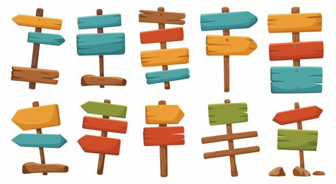 navigational elements collection featuring rustic wooden signposts and arrowboards for pathfinding and direction indication, outdoor guidance symbols, countryside wayfinding design, vintage wooden sig