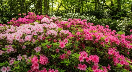 Obraz premium Vibrant pink and white azalea bushes bloom profusely in a lush green forest setting.