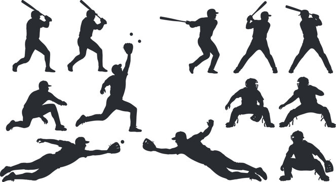 Baseball player silhouettes collection, batter pitcher catcher poses, sports action set, professional game illustration, isolated vector design pack