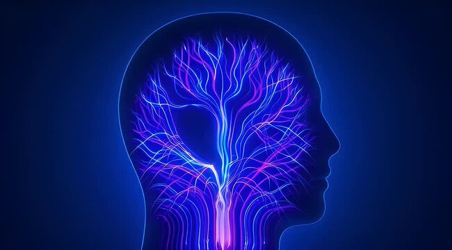 Stylized human head with glowing neural pathways representing consciousness and thought
