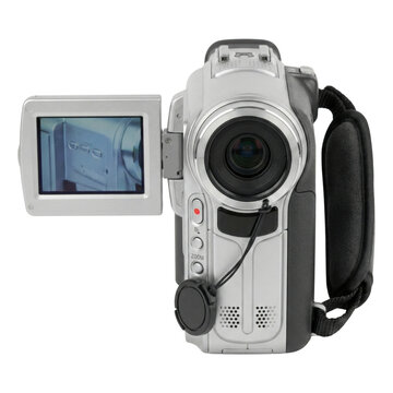 Silver digital camcorder with flip out screen isolated