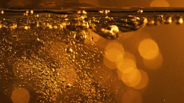 Close up of golden liquid with rising bubbles, abstract yellow background with bokeh, macro shot of beer or champagne texture, slow motion. Ai generative