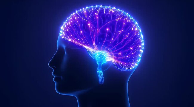Digital illustration showcasing a human brain with interconnected neural networks on dark background
