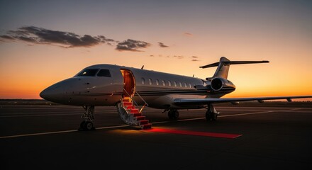 Obraz premium Private luxury jet parked on tarmac with red carpet stairs at golden hour sunset, symbolizing VIP travel and high-end business aviation.