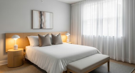 Fototapeta premium Contemporary Luxury Hotel Bedroom Interior. Modern Minimalist Design with Wooden Headboard, Warm Bedside Lamps, White Linen, and Sheer Window Curtains.
