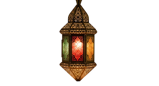 Ornate moroccan hanging lantern with colored glass panels, traditional islamic lamp isolated on transparent background