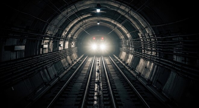 Subway train approaching in dark underground tunnel with intense bright headlights and symmetrical railway tracks creating a moody and dramatic scene.